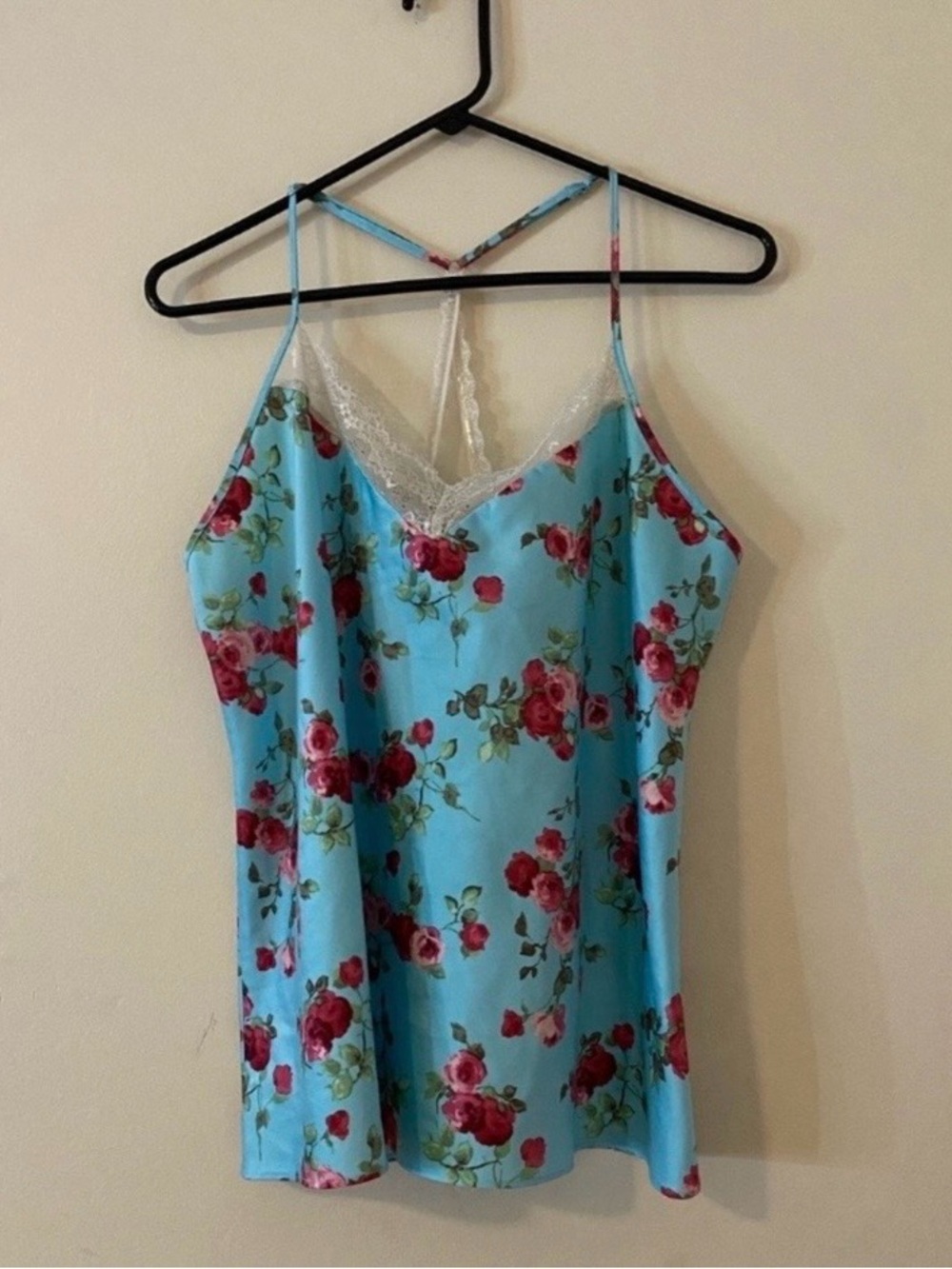Floral Lace-Trim Satin Cami Top in blue and red flowers